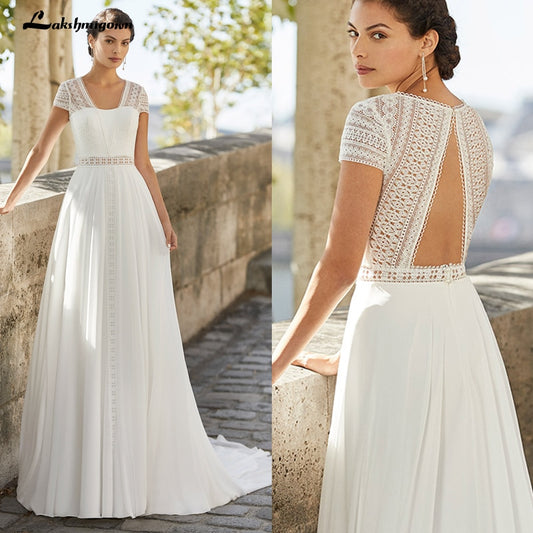 Simple Cap Short Sleeve Beach Wedding Dress Lace Bodice 2021 Robe Longue boho Chiffon Long Wedding Gowns Robe de mariee - ROYCEBRIDAL OFFICIAL STORE