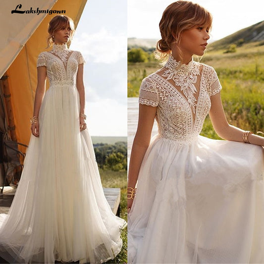 Vintage Boho Wedding Dress Lace Tulle High Neck Cap Sleeves A Line Bohemian Bridal Gowns 2021 Ivory ELegant Bride Dress - ROYCEBRIDAL OFFICIAL STORE