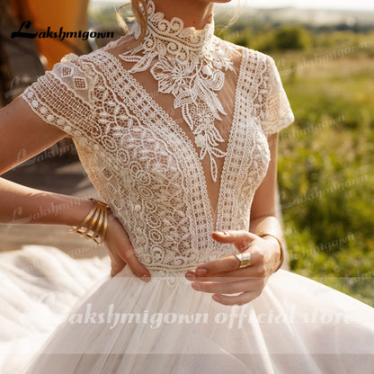 Vintage Boho Wedding Dress Lace Tulle High Neck Cap Sleeves A Line Bohemian Bridal Gowns 2021 Ivory ELegant Bride Dress - ROYCEBRIDAL OFFICIAL STORE