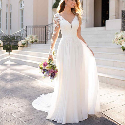 V Neck Long Wedding Dresses with Sleeves Open Back White Lace Applique Bridal Dress For Wedding Party Vestidos De Novia A-line - ROYCEBRIDAL OFFICIAL STORE