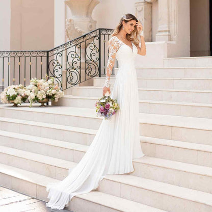 V Neck Long Wedding Dresses with Sleeves Open Back White Lace Applique Bridal Dress For Wedding Party Vestidos De Novia A-line - ROYCEBRIDAL OFFICIAL STORE