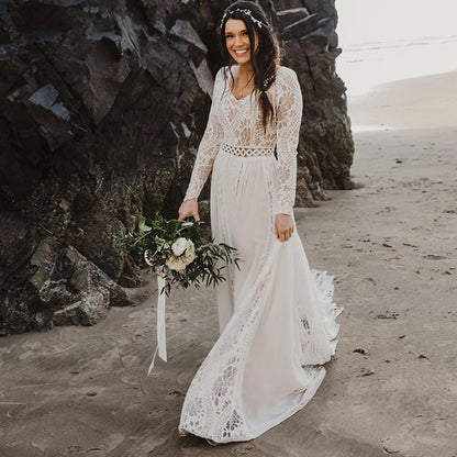 Roycebridal 2022 Beach Boho Elopement Photoshoot Wedding Dress V Neck Lace Chiffon A Line Seaside Long Sleeve Big Sizes Bridal Gown