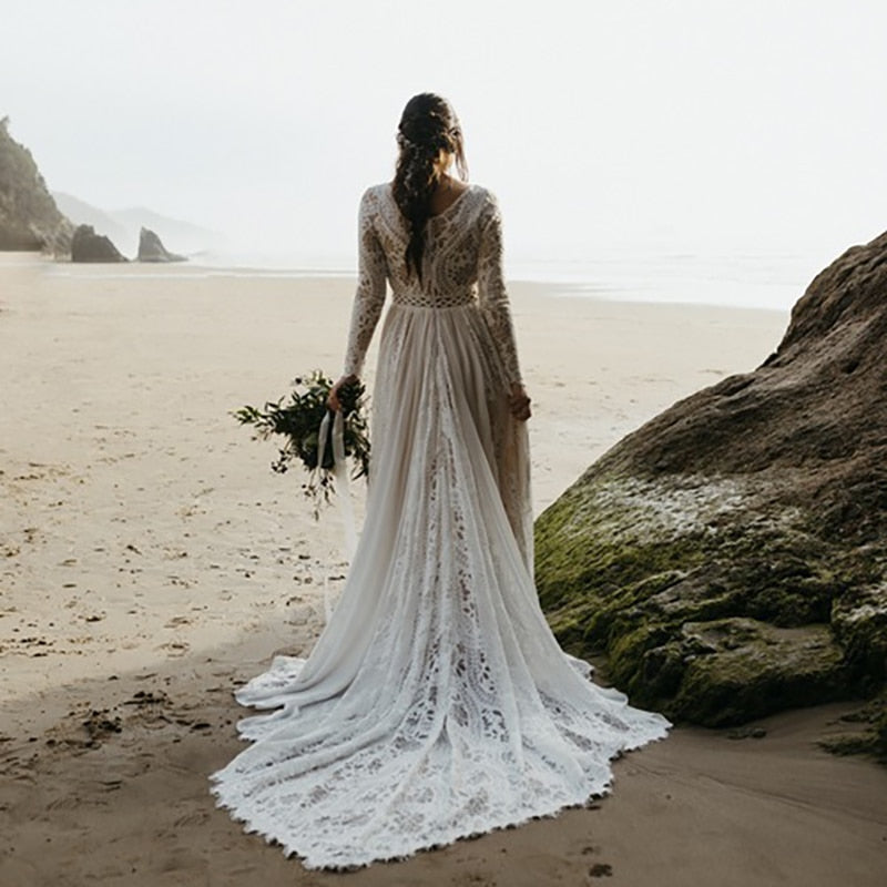 Roycebridal 2022 Beach Boho Elopement Photoshoot Wedding Dress V Neck Lace Chiffon A Line Seaside Long Sleeve Big Sizes Bridal Gown