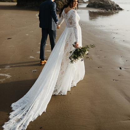 Roycebridal 2022 Beach Boho Elopement Photoshoot Wedding Dress V Neck Lace Chiffon A Line Seaside Long Sleeve Big Sizes Bridal Gown