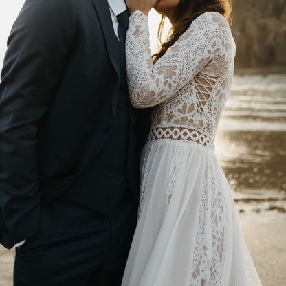 Roycebridal 2022 Beach Boho Elopement Photoshoot Wedding Dress V Neck Lace Chiffon A Line Seaside Long Sleeve Big Sizes Bridal Gown