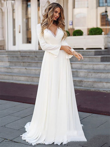 Roycebridal Simple Long Sleeve Wedding Dress 2025 Boho V-Neck Bridal Gown Sashes Long Bride Dresses Vintage Bohemian Appliqued Back