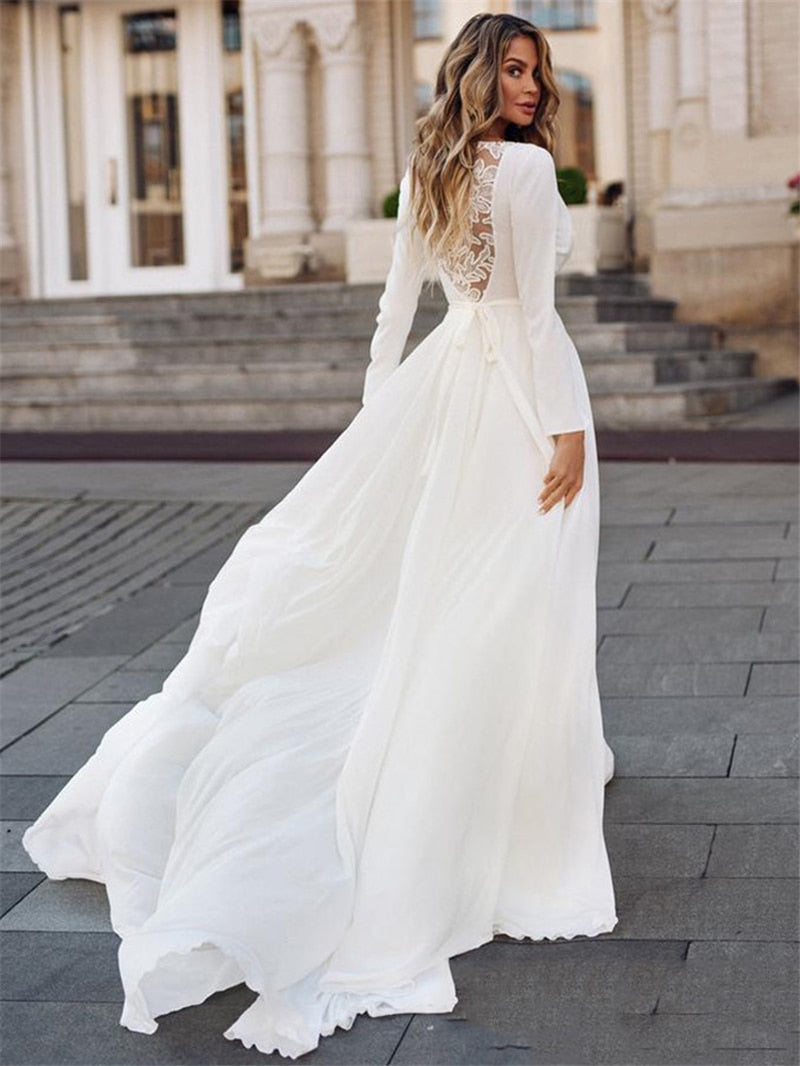 Roycebridal Simple Long Sleeve Wedding Dress 2021 Boho V-Neck Bridal Gown Sashes Long Bride Dresses Vintage Bohemian Appliqued Back