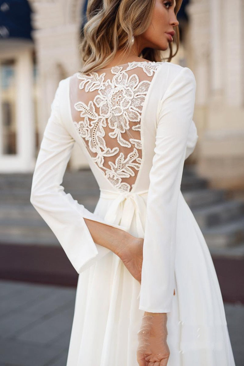 Roycebridal Simple Long Sleeve Wedding Dress 2021 Boho V-Neck Bridal Gown Sashes Long Bride Dresses Vintage Bohemian Appliqued Back