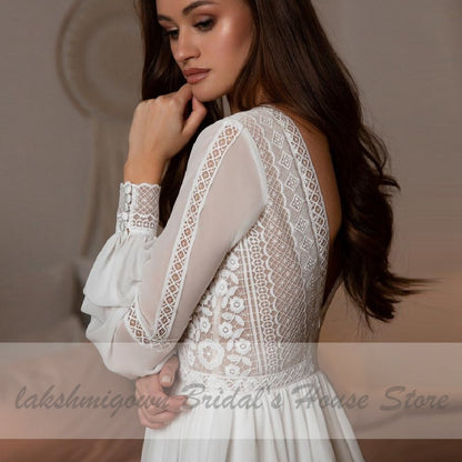 Vestidos Boho Bridal Long Sleeve Wedding Dresses A Line 2021 Robe Longue Simple Beach Chiffon Long Wedding Gowns Deep V-neck - ROYCEBRIDAL OFFICIAL STORE