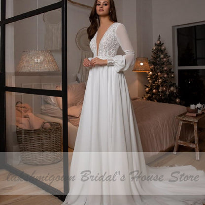 Vestidos Boho Bridal Long Sleeve Wedding Dresses A Line 2021 Robe Longue Simple Beach Chiffon Long Wedding Gowns Deep V-neck - ROYCEBRIDAL OFFICIAL STORE