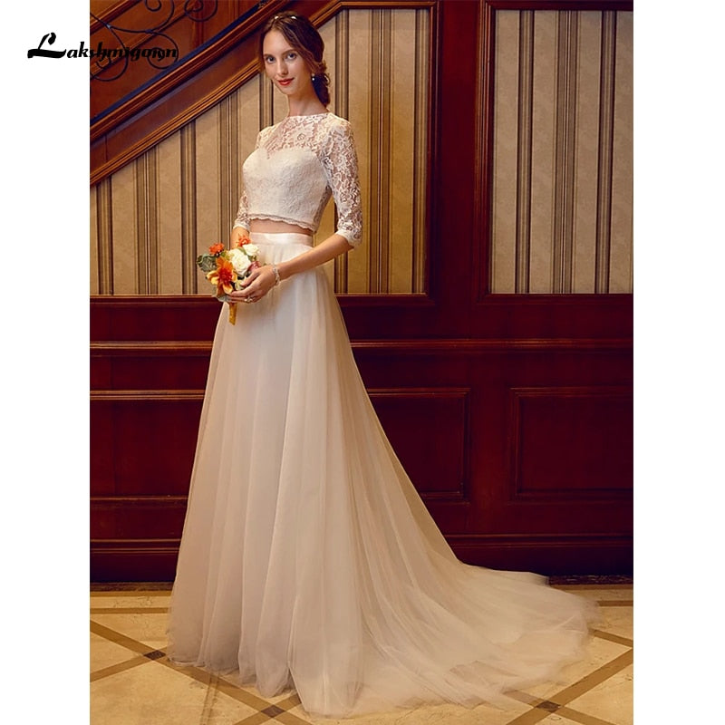 Two Piece Wedding Dresses Jewel Neck Court Train Tulle Over Lace Corded Lace Half Sleeve Illusion Sleeve with Sashes/Ribbons - ROYCEBRIDAL OFFICIAL STORE