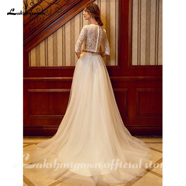 Two Piece Wedding Dresses Jewel Neck Court Train Tulle Over Lace Corded Lace Half Sleeve Illusion Sleeve with Sashes/Ribbons - ROYCEBRIDAL OFFICIAL STORE