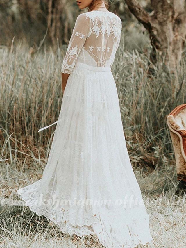 Two Piece A-Line Wedding Dresses Spaghetti Strap Sweep / Brush Train Lace Sleeveless Boho with Embroidery - ROYCEBRIDAL OFFICIAL STORE