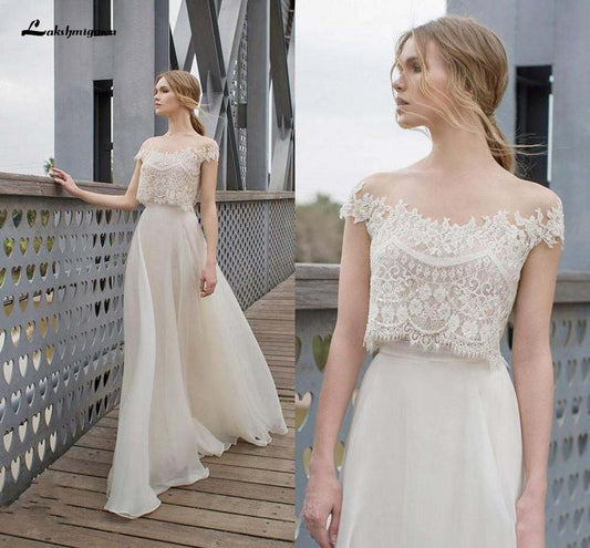 Two Piece BOHO Wedding Dresses Lace Appliques Bodice Illusion Neckline Chiffon A Line Romantic Bohemian Bridal Dresses Summer - ROYCEBRIDAL OFFICIAL STORE