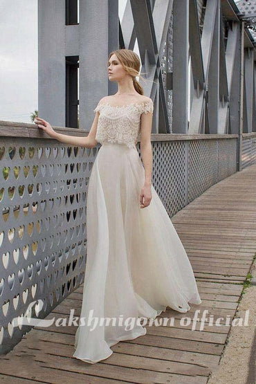 Two Piece BOHO Wedding Dresses Lace Appliques Bodice Illusion Neckline Chiffon A Line Romantic Bohemian Bridal Dresses Summer - ROYCEBRIDAL OFFICIAL STORE