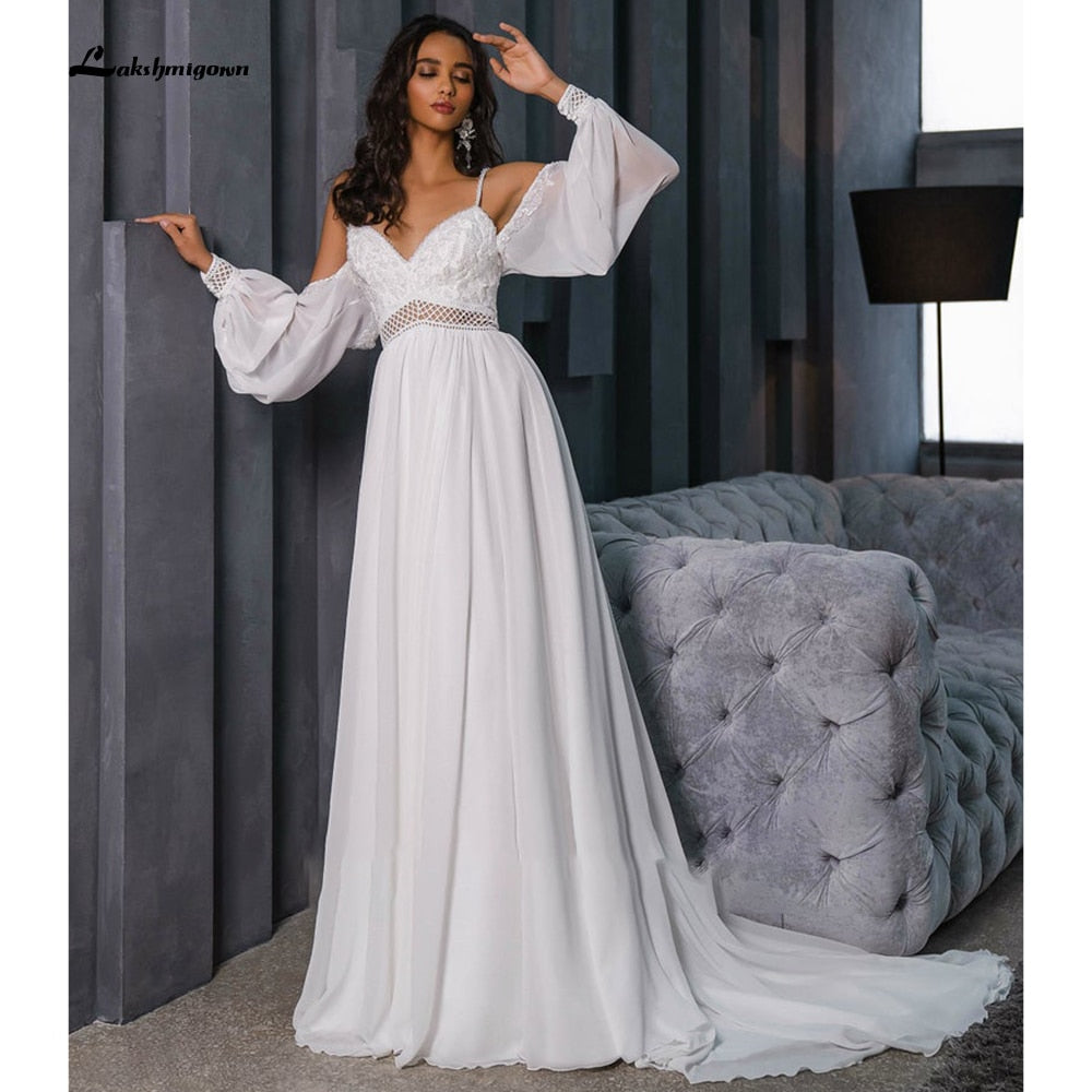 Lace Beading Chiffon Backless Spaghetti Straps lantern Sleeve Wedding Dresses Off Shoulder V Neck robe de mariée Lakshmigown - ROYCEBRIDAL OFFICIAL STORE