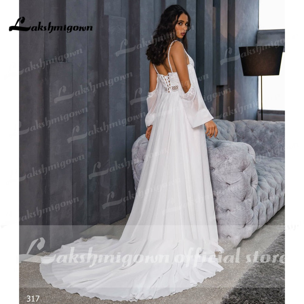 Lace Beading Chiffon Backless Spaghetti Straps lantern Sleeve Wedding Dresses Off Shoulder V Neck robe de mariée Lakshmigown - ROYCEBRIDAL OFFICIAL STORE