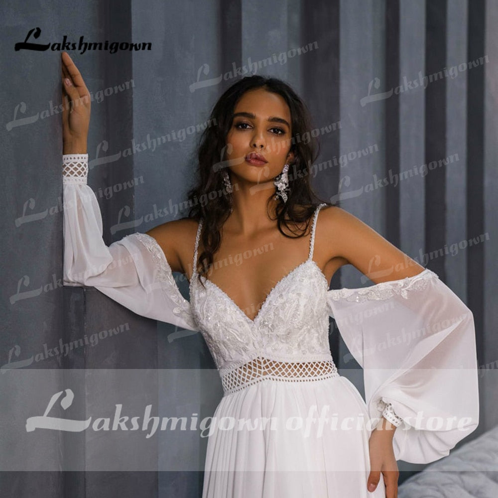 Lace Beading Chiffon Backless Spaghetti Straps lantern Sleeve Wedding Dresses Off Shoulder V Neck robe de mariée Lakshmigown - ROYCEBRIDAL OFFICIAL STORE