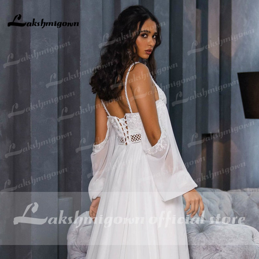 Lace Beading Chiffon Backless Spaghetti Straps lantern Sleeve Wedding Dresses Off Shoulder V Neck robe de mariée Lakshmigown - ROYCEBRIDAL OFFICIAL STORE