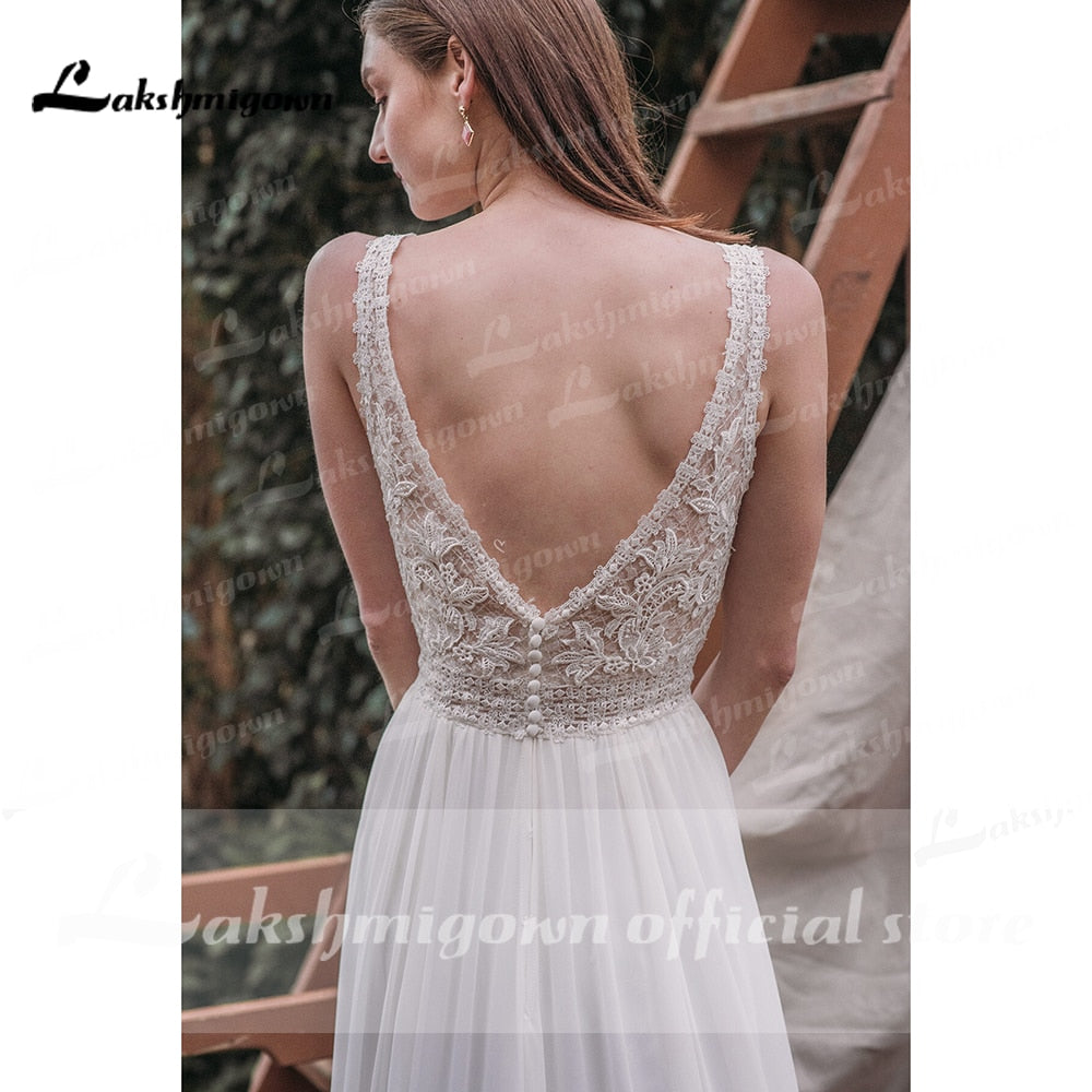 robe soirée mariage Boho Deep V Neck Sleeve Sexy Lace Chiffon High Split Wedding Dresses Beach vestido de novia sin espalda 2021 - ROYCEBRIDAL OFFICIAL STORE