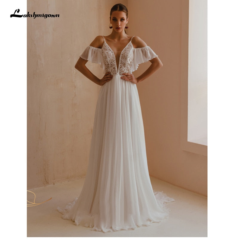 Spaghetti Straps Boho Bridal Dress A Line Chiffon Wedding Dresses 2021 V-neck Cap Short Sleeves Sukienki Damskie Lakshmigown - ROYCEBRIDAL OFFICIAL STORE