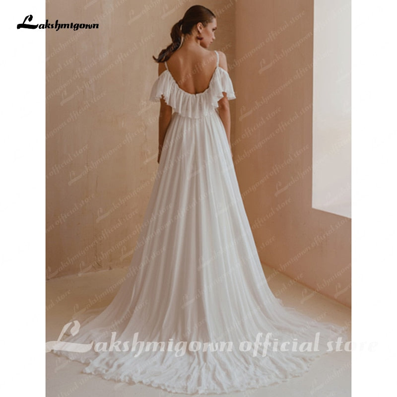 Spaghetti Straps Boho Bridal Dress A Line Chiffon Wedding Dresses 2021 V-neck Cap Short Sleeves Sukienki Damskie Lakshmigown - ROYCEBRIDAL OFFICIAL STORE