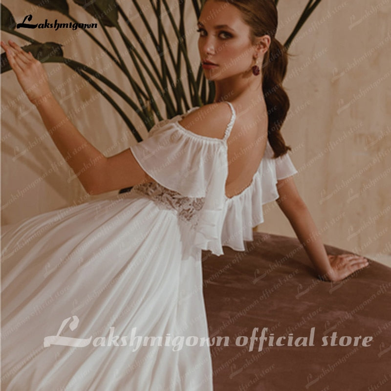 Spaghetti Straps Boho Bridal Dress A Line Chiffon Wedding Dresses 2021 V-neck Cap Short Sleeves Sukienki Damskie Lakshmigown - ROYCEBRIDAL OFFICIAL STORE