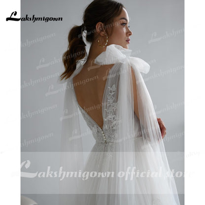 vestido de novia 2021 Lace Tulle Backless V Neck Bow Wedding Dresses Elegant V Shape Back robe de soirée de mariage Lakshmigown - ROYCEBRIDAL OFFICIAL STORE