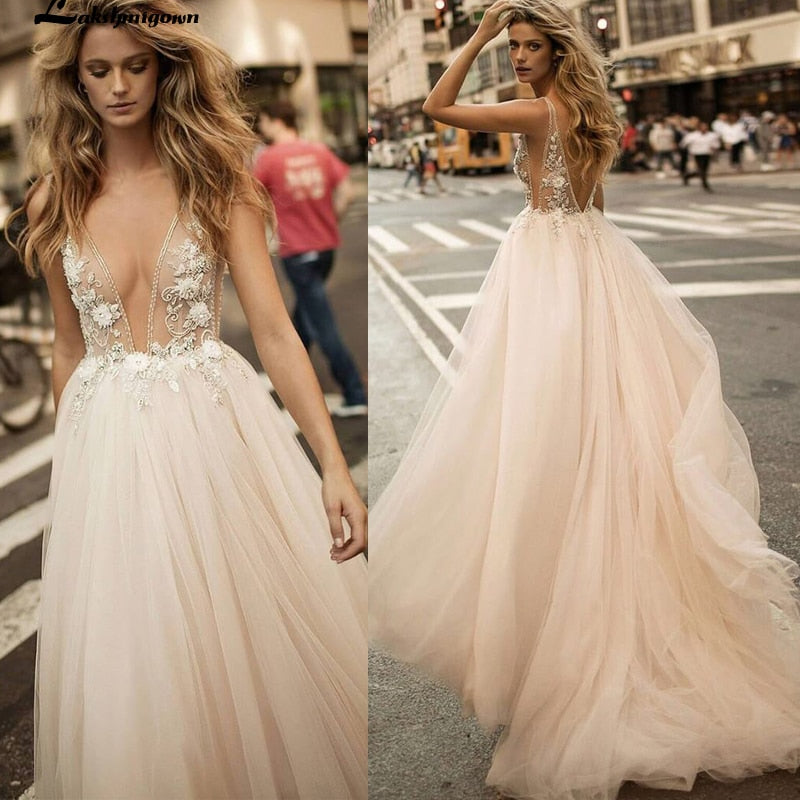 Deep V Neck A Line Beautiful Wedding Dress Champange Lace Cheap Long Wedding Dress Bridal Gown Vestido De Noiva Plus Size - ROYCEBRIDAL OFFICIAL STORE