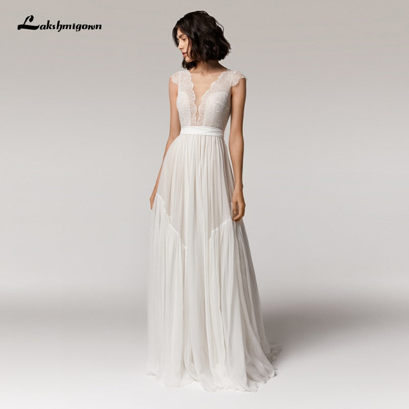 Deep V-neck Sexy Beach Wedding Dress Summer 2021 Vestito da Donna V Neck Sexy Bohemian Bridal Dress Backless - ROYCEBRIDAL OFFICIAL STORE