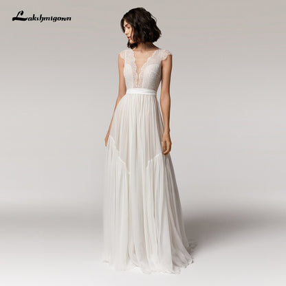 Deep V-neck Sexy Beach Wedding Dress Summer 2021 Vestito da Donna V Neck Sexy Bohemian Bridal Dress Backless - ROYCEBRIDAL OFFICIAL STORE