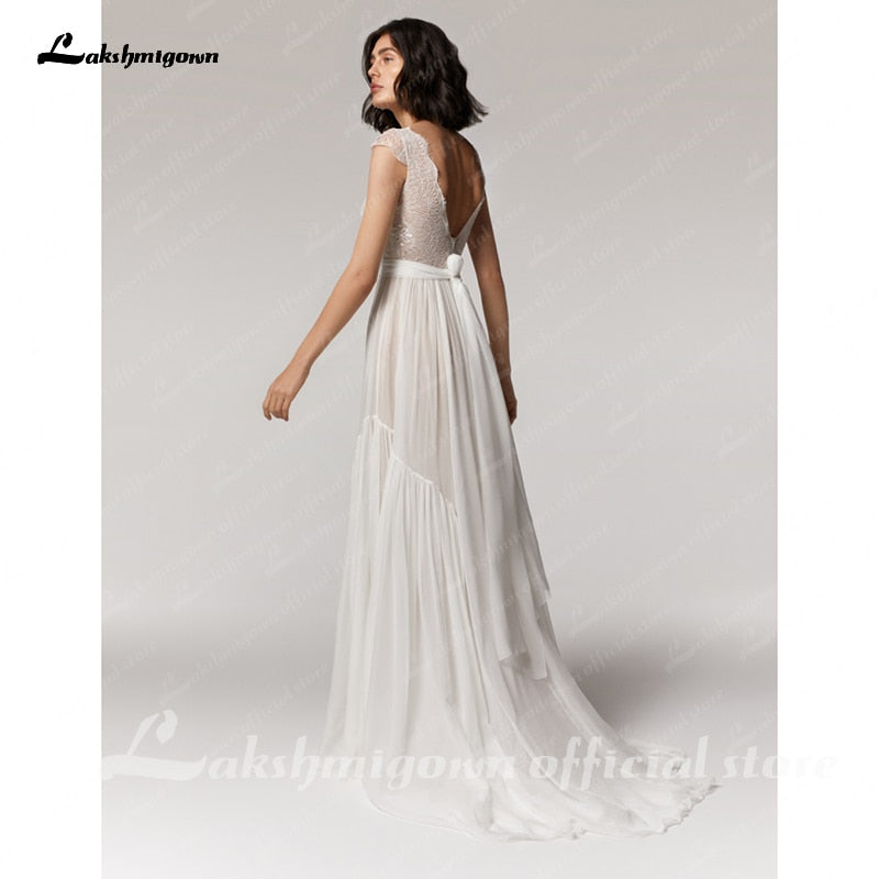 Deep V-neck Sexy Beach Wedding Dress Summer 2021 Vestito da Donna V Neck Sexy Bohemian Bridal Dress Backless - ROYCEBRIDAL OFFICIAL STORE