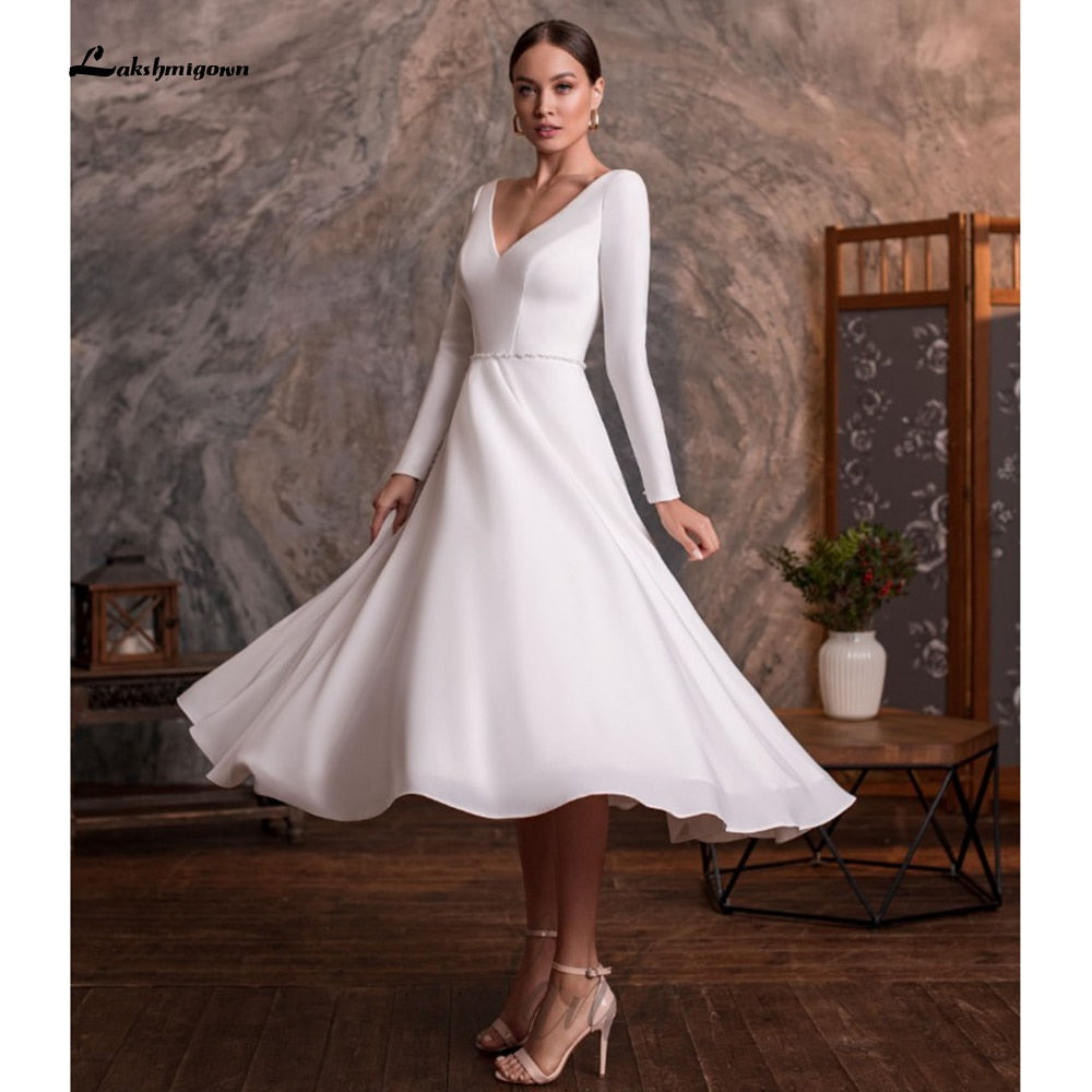 vestido de novia corto 2021 Short Tea Length Simple Long Sleeve V Neck Wedding Dresses With Buttons Backless 2021 robe mariage - ROYCEBRIDAL OFFICIAL STORE