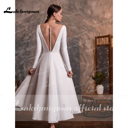 vestido de novia corto 2021 Short Tea Length Simple Long Sleeve V Neck Wedding Dresses With Buttons Backless 2021 robe mariage - ROYCEBRIDAL OFFICIAL STORE