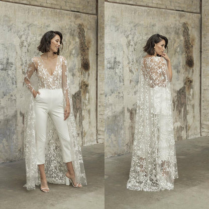 2021 Wedding Jumpsuit With Cape Beach Wedding Dresses V Neck Tea Length Lace Bridal Outfit Wedding Gowns - ROYCEBRIDAL OFFICIAL STORE