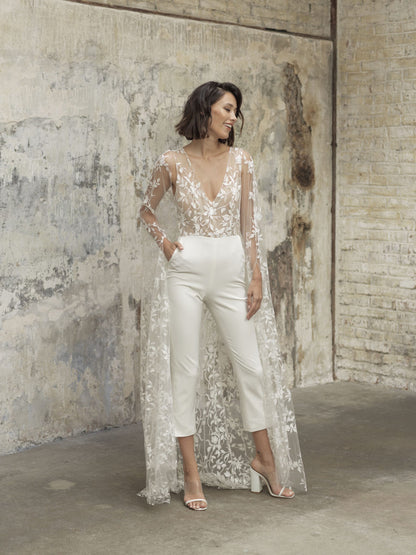 2021 Wedding Jumpsuit With Cape Beach Wedding Dresses V Neck Tea Length Lace Bridal Outfit Wedding Gowns - ROYCEBRIDAL OFFICIAL STORE