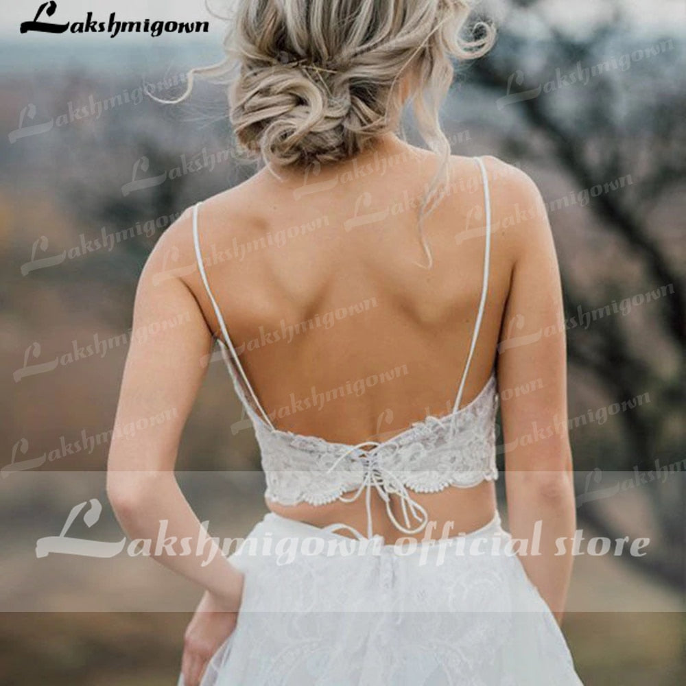 Lakshmigown Two Pieces Elegant V-Neck Lace Backless Wedding Dress Simple Beach Sleeveless Bridal Gowns for woman Robe de mariee - ROYCEBRIDAL OFFICIAL STORE