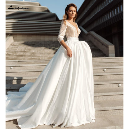 sukienka na wesele Satin Deep V Neck Three Quarter Sleeve Wedding Dresses Elegant vestido de noiva princesa luxuoso Lakshmigown - ROYCEBRIDAL OFFICIAL STORE