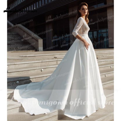 sukienka na wesele Satin Deep V Neck Three Quarter Sleeve Wedding Dresses Elegant vestido de noiva princesa luxuoso Lakshmigown - ROYCEBRIDAL OFFICIAL STORE