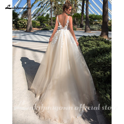 Lakshmigown Champagne Wedding Dress Lace Appliques Princess Tulle Long Bridal Dress 2021 Receipt Wedding Gowns - ROYCEBRIDAL OFFICIAL STORE