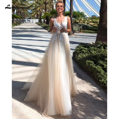 Lakshmigown Champagne Wedding Dress Lace Appliques Princess Tulle Long Bridal Dress 2021 Receipt Wedding Gowns - ROYCEBRIDAL OFFICIAL STORE