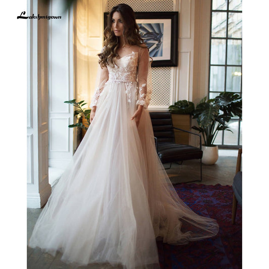 robede mariage 2021 Beach Elegant long Sleeve Lace Tulle Backless Wedding Dresses With Belt A Line vestido de casamento simples - ROYCEBRIDAL OFFICIAL STORE