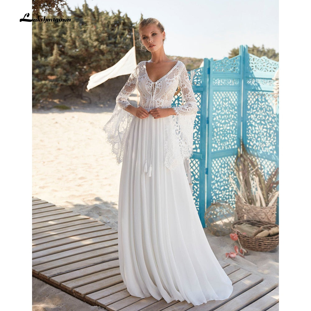 2021 V Neck Lace Chiffon Bohemia Style Backless V Shape Back Wedding Dresses Flare Sleeve A Line Boho vestido para boda playa - ROYCEBRIDAL OFFICIAL STORE