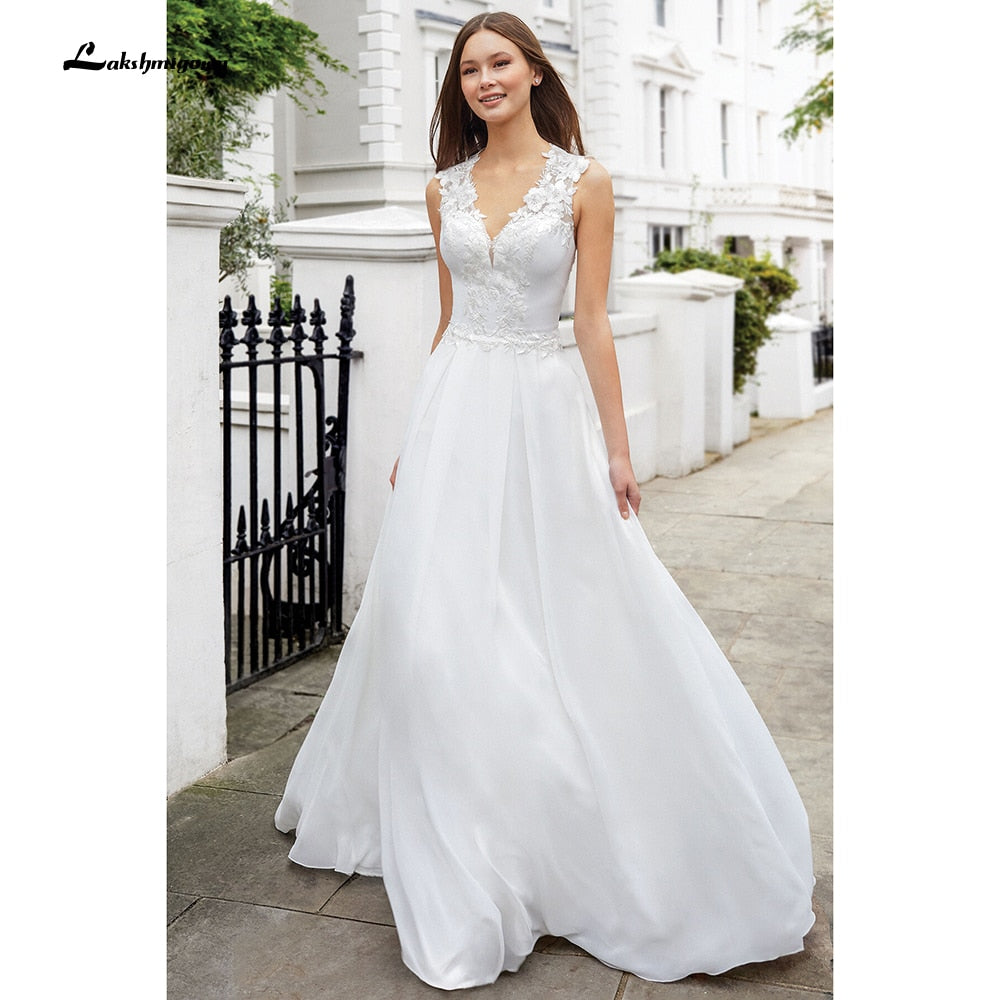 vistidos de festa de casamento V Neck Sleeveless Lace Chiffon Wedding Dresses With Back Buttons vestido para boda playa 2021 - ROYCEBRIDAL OFFICIAL STORE