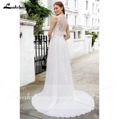 vistidos de festa de casamento V Neck Sleeveless Lace Chiffon Wedding Dresses With Back Buttons vestido para boda playa 2021 - ROYCEBRIDAL OFFICIAL STORE