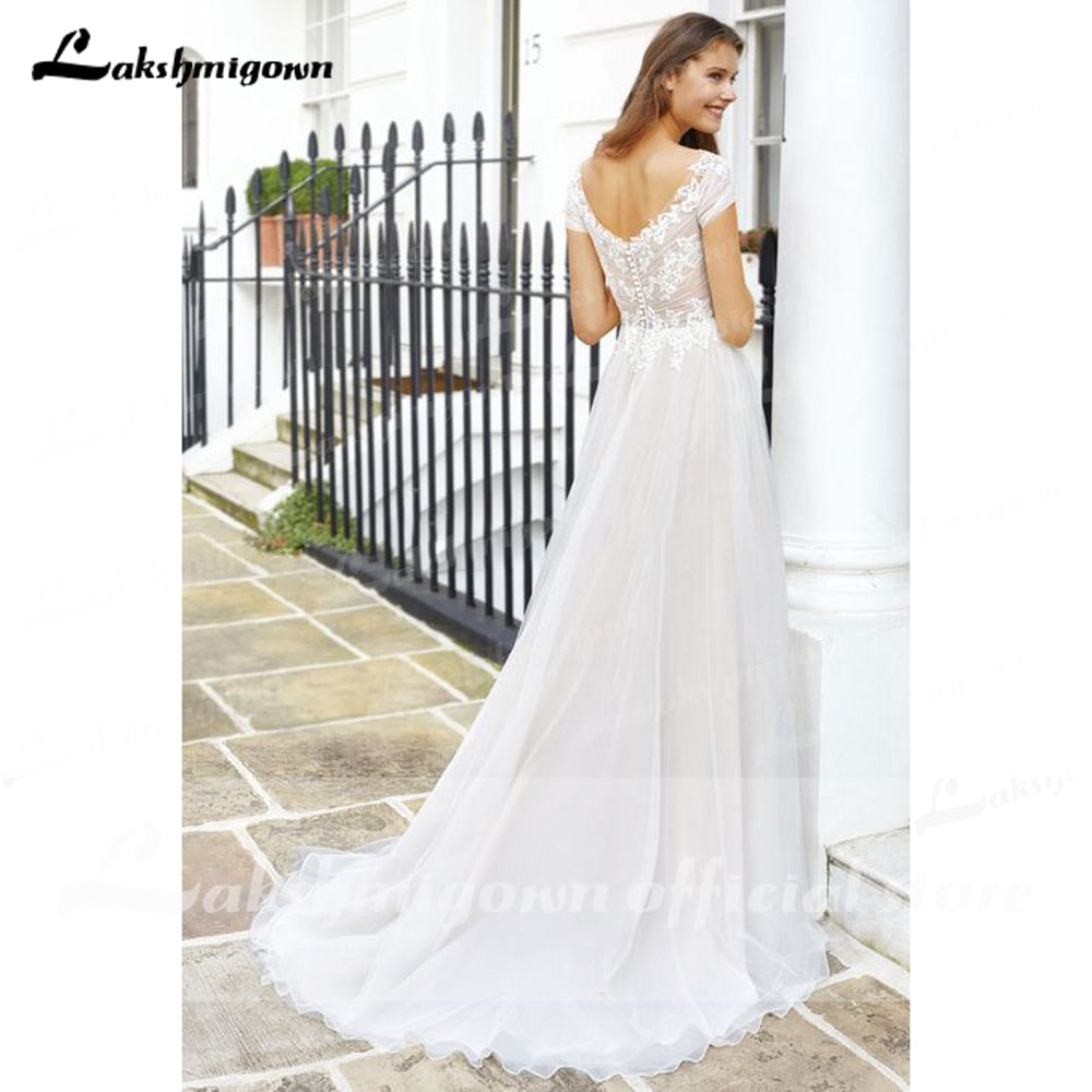 2021 Vintage Newest V Neck Short Sleeve Lace Wedding Dress V Shape Back A Line Beach vistidos de festa de casamento lakshmigown - ROYCEBRIDAL OFFICIAL STORE