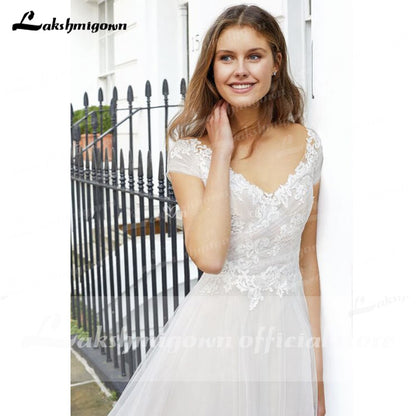 2021 Vintage Newest V Neck Short Sleeve Lace Wedding Dress V Shape Back A Line Beach vistidos de festa de casamento lakshmigown - ROYCEBRIDAL OFFICIAL STORE