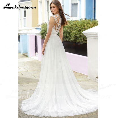 vestido para boda playa 2021 Sleeveless Lace V Neck Simple Hobo Wedding Dress Backless Bohemian style vestido de fiesta de boda - ROYCEBRIDAL OFFICIAL STORE