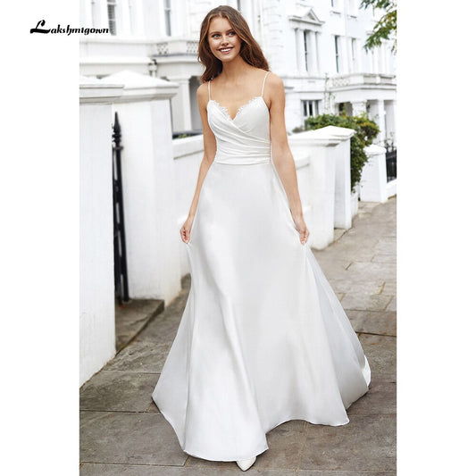 Simple Spaghetti Straps Off the Shoulder Satin Pleats Wedding Dresses With Back Buttons V Neck Backless Beach robe de mariée - ROYCEBRIDAL OFFICIAL STORE