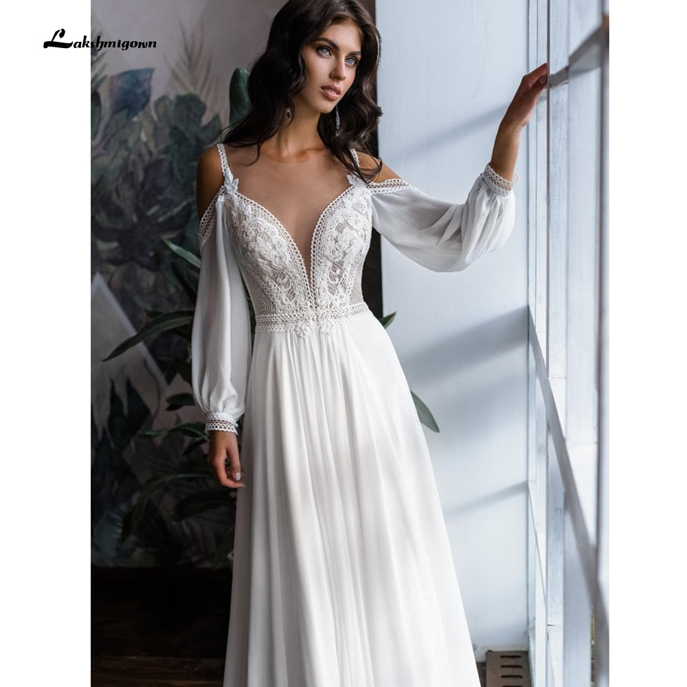 2021 Long Sleeve Off Shoulder Spaghetti Straps Deep V Neck Wedding Dresses Lace Chiffon Bohemian stylerobe de mariée fille - ROYCEBRIDAL OFFICIAL STORE